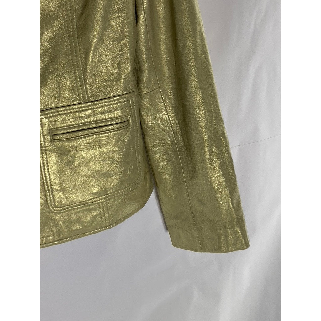 BERNARDO DESIGN Women's Vintage Gold Leather Notch Lapel Zip-Up Jacket SZ L