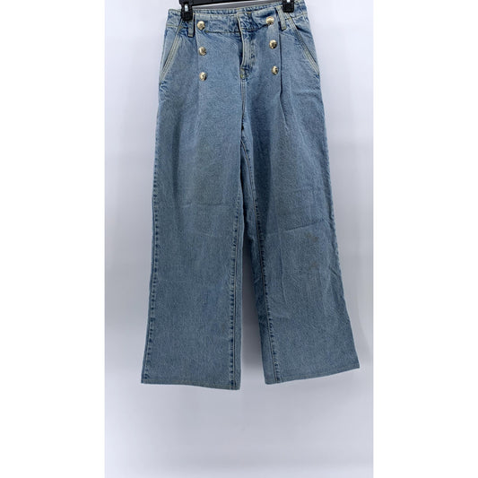ZARA Women's Light Blue Wash Denim Button-Detail Pleated Relaxed-Fit Jean SZ 4