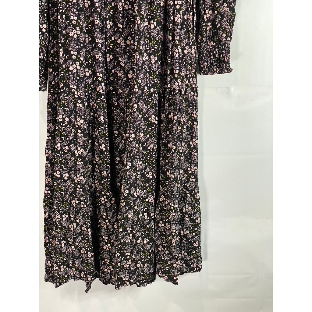 BODEN Women's Black Multi Floral Smocked Tiered Long Sleeve Midi Dress SZ 8R