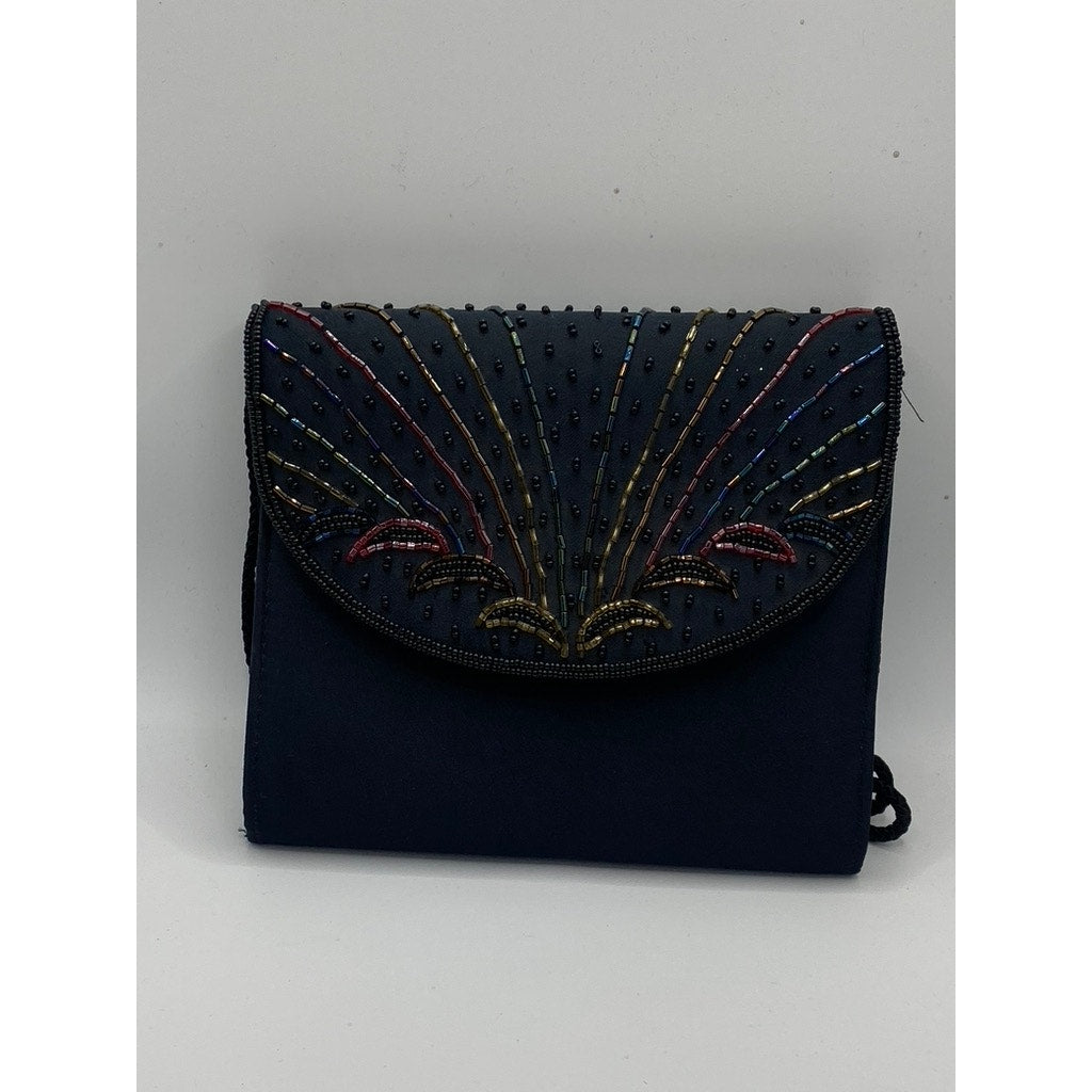 UNBRANDED Women’s Black-Multi Beaded Embellished Vintage Square Clutch Bag SZ OS