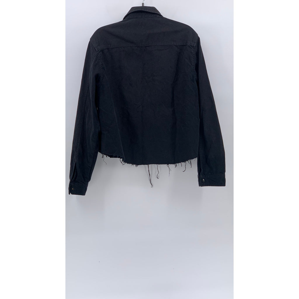 LEE Women’s Black Denim Frayed Cut-Off Hem Zip-Up Cropped Jean Jacket SZ L