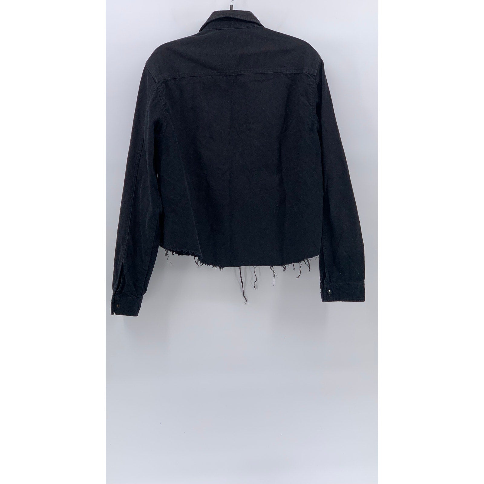 LEE Women’s Black Denim Frayed Cut-Off Hem Zip-Up Cropped Jean Jacket SZ L