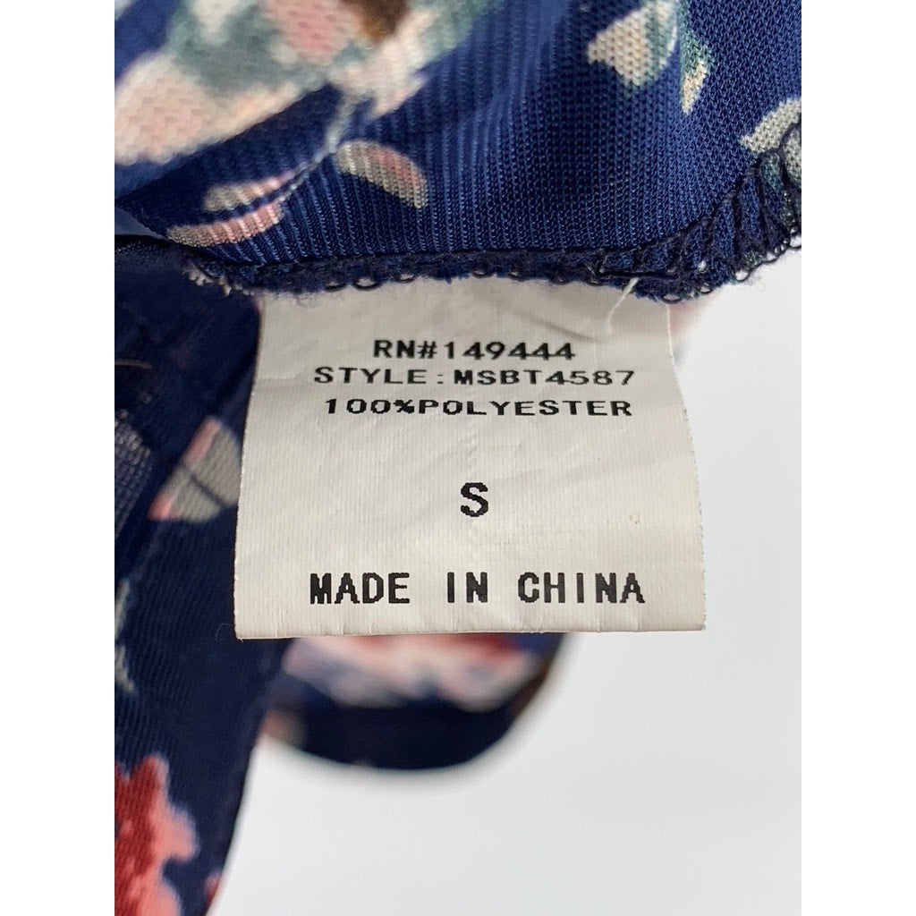 SIREN LILY Women's Navy Floral Mesh Button-Up Long Sleeve Top SZ S