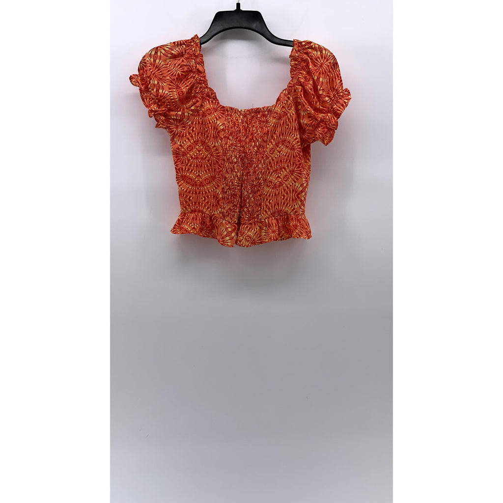 AQUA Women's Orange Printed Lace-Up Short Puff Sleeve Smocked Crop Top SZ XS