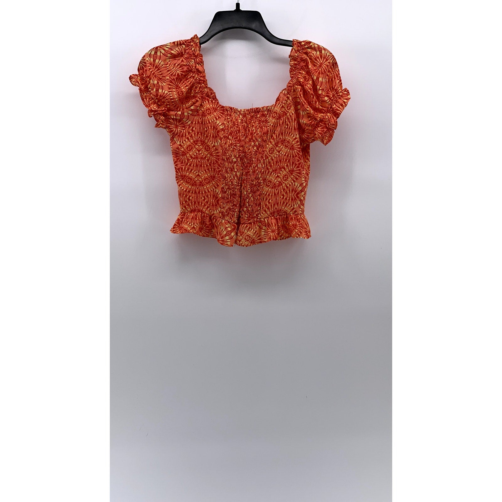 AQUA Women's Orange Printed Lace-Up Short Puff Sleeve Smocked Crop Top SZ XS