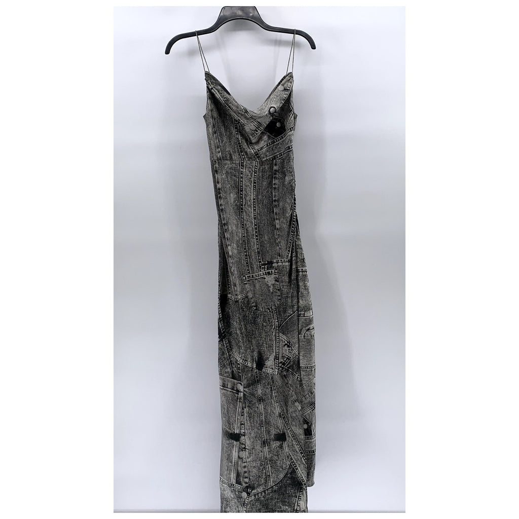 RETROFETE Women's Black-Gray Silk Acadia Spaghetti Strap Side-Slit Dress SZ XS