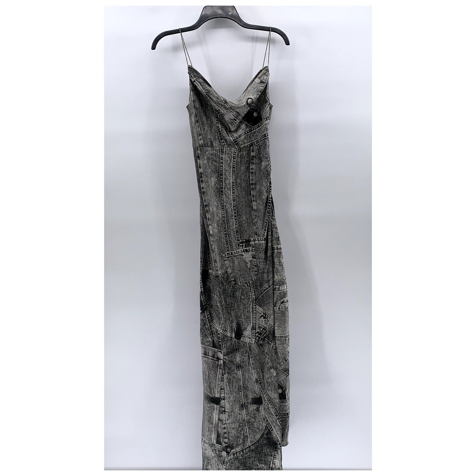 RETROFETE Women's Black-Gray Silk Acadia Spaghetti Strap Side-Slit Dress SZ XS