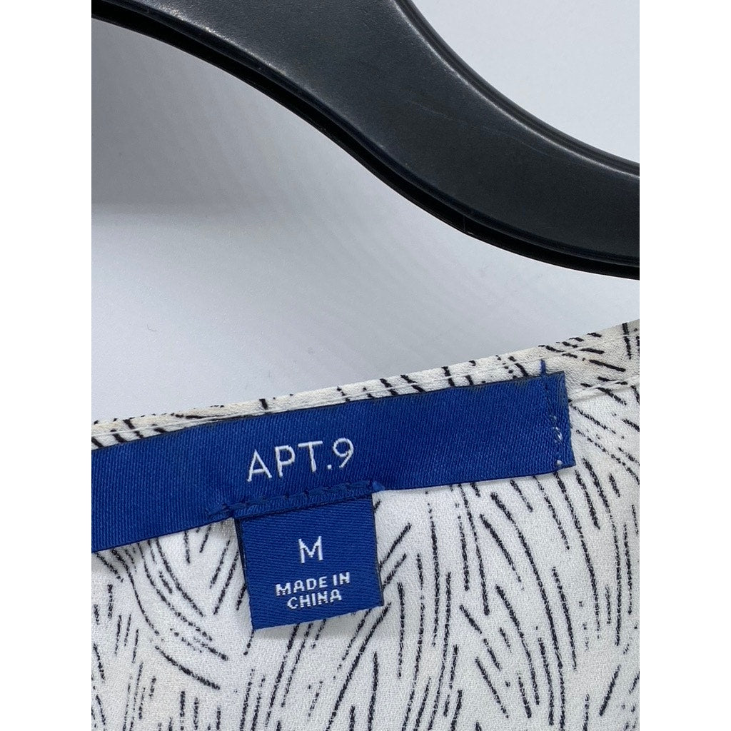 APT. 9 Women's White-Black Printed Crewneck Short Sleeve Ruffle-Hem Top SZ M
