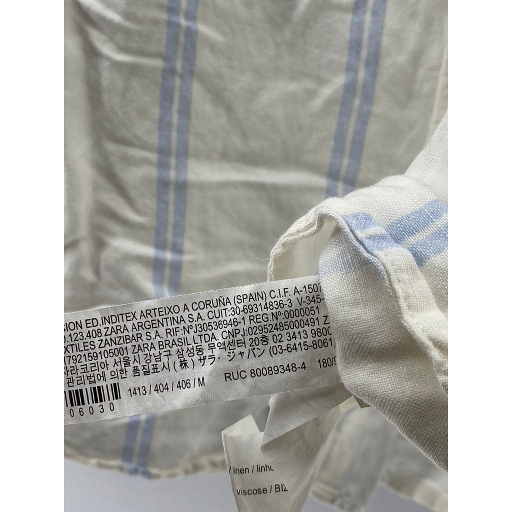 ZARA Men's White-Blue Striped Linen-Blend Button-Up Long Sleeve Top SZ M