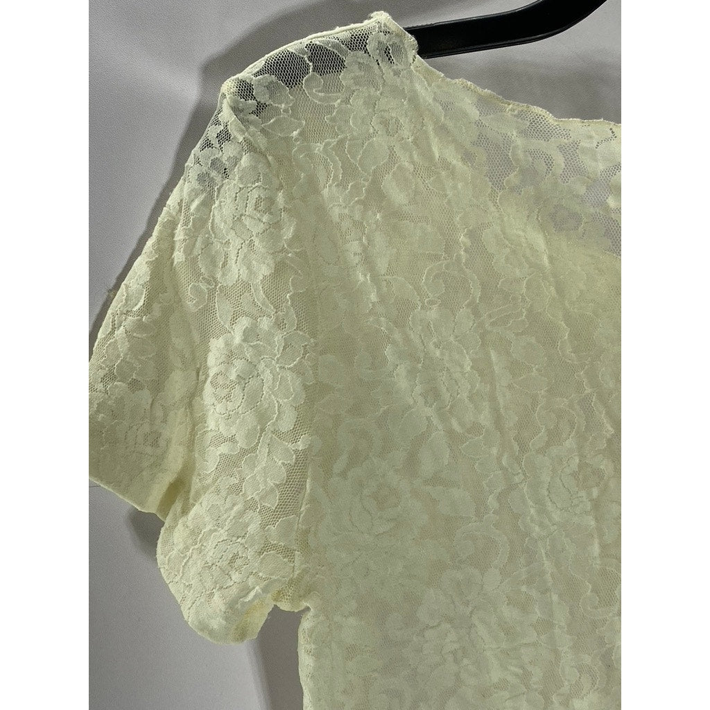 UNBRANDED Women's Cream Lace Floral Scoop-Neck Short Sleeve Top SZ S