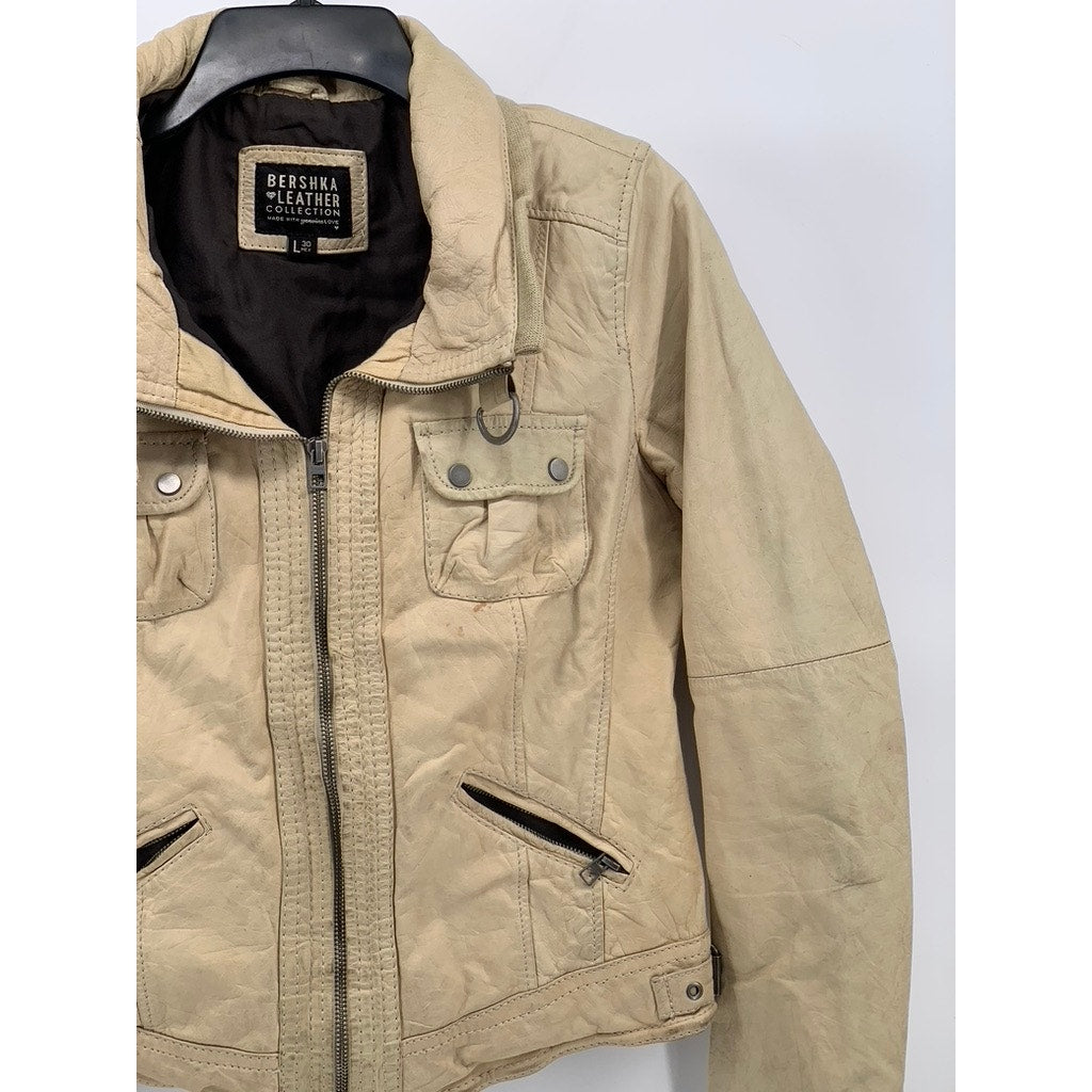 BERSHKA Women's Tan Cow Leather Zip-Up Buckle-Neck Long Sleeve Jacket SZ L