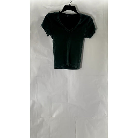 BRANDY MELVILLE Women's Dark Green Ribbed V-Neck Short Sleeve Top SZ XS