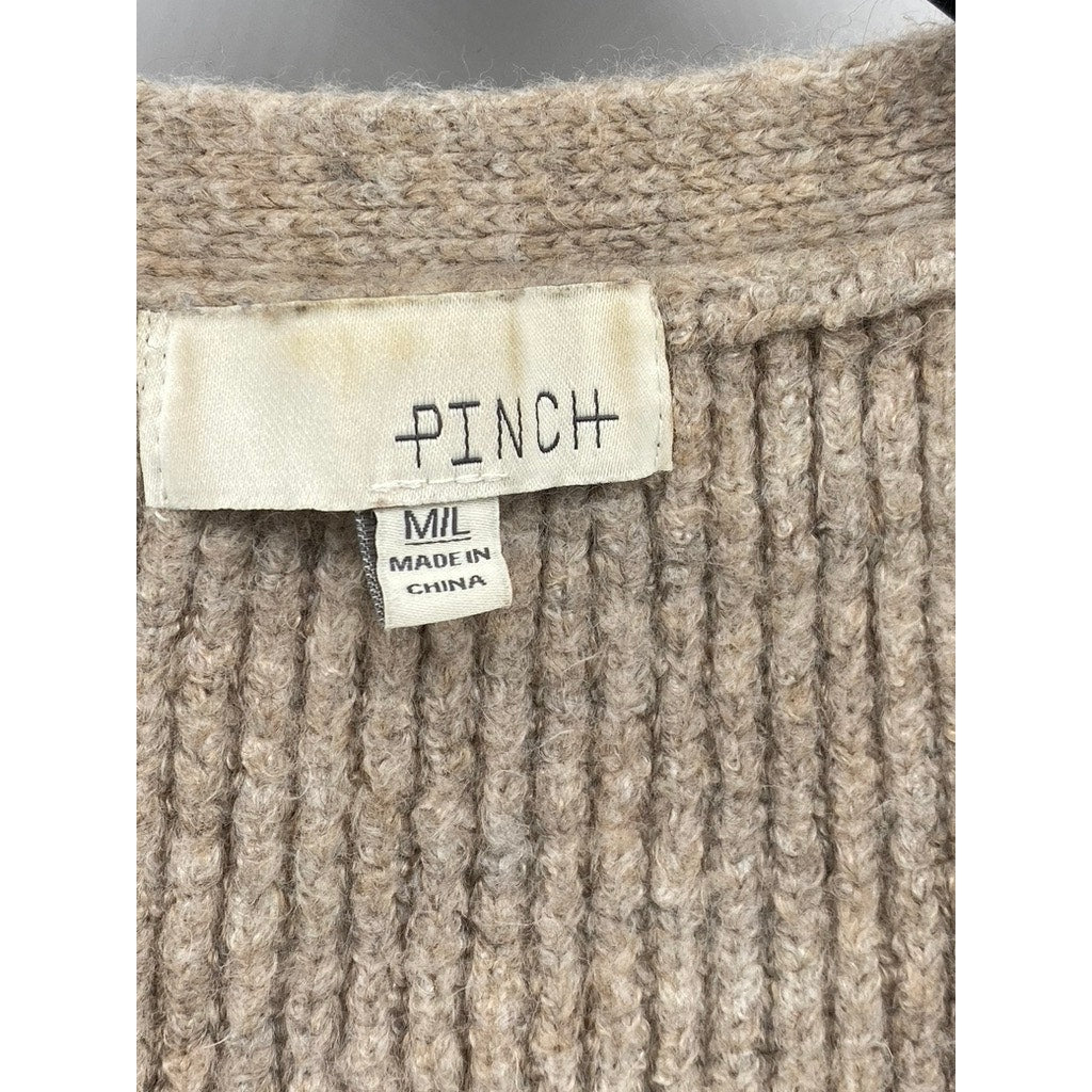 PINCH Women's Tan Rib Knit V-Neck Long Sleeve Button-Up Cuffed Cardigan SZ M/L