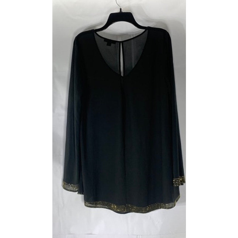 DOUBLE ZERO Women's Black Sheer V-Neck Long Sleeve Studded Lightweight Top SZ L