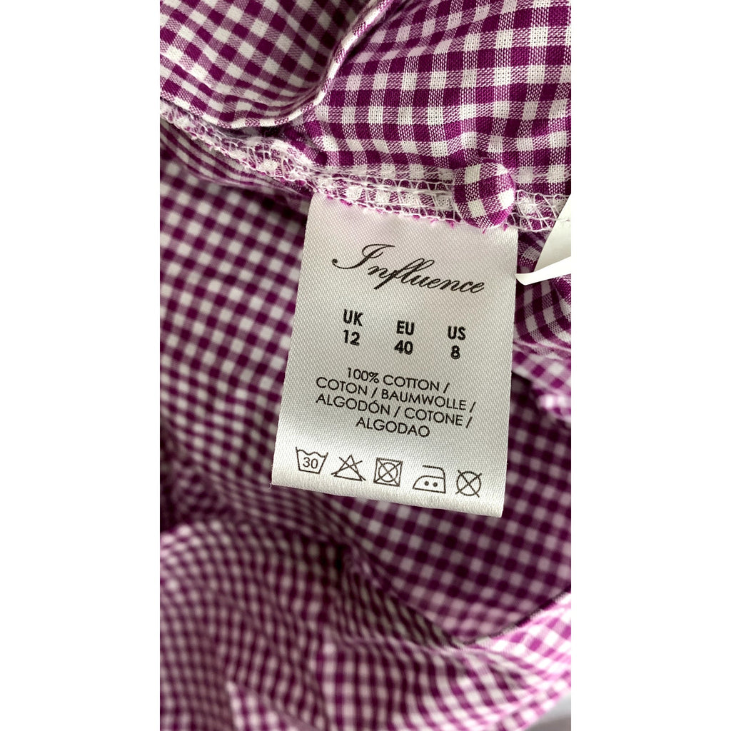 IINFLUENCE Women's Purple-White Mini Check Ruffle Short Sleeve Midi Dress SZ 8