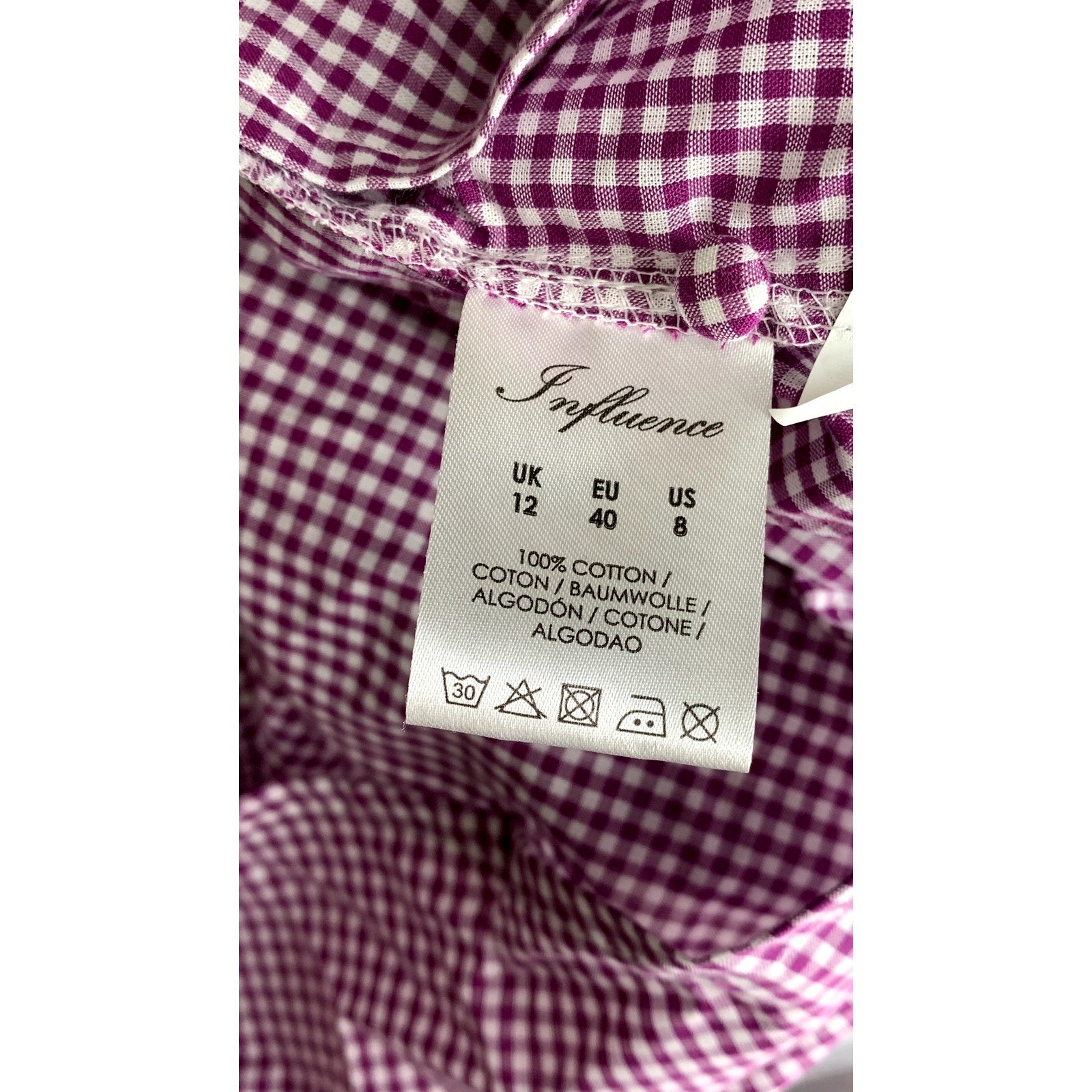 IINFLUENCE Women's Purple-White Mini Check Ruffle Short Sleeve Midi Dress SZ 8