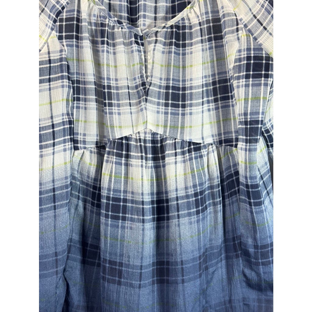 PRINCESS VERA WANG Women's Blue/White Ombre Plaid Tie-Cuff Long Sleeve Top SZ S