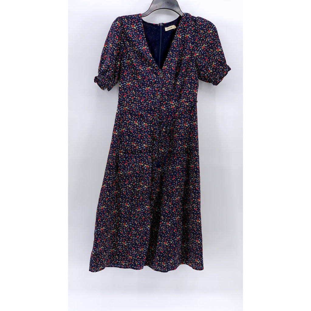 ESSUE Women's Navy Floral Elbow Sleeve V-Neck Tie-Waist A-line Dress SZ S