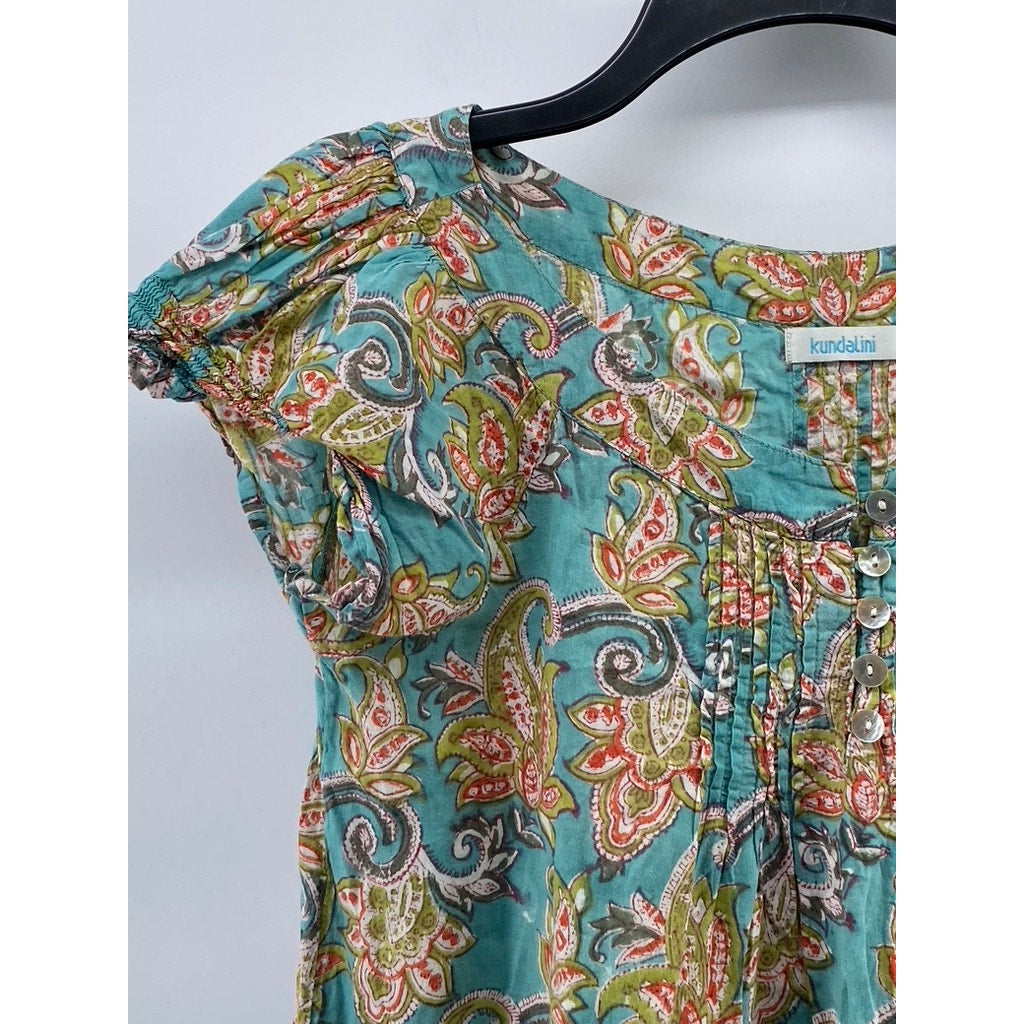 KUNDALINI Women's Green-Tan Printed Henley Short Sleeve Ruffle Hem Dress SZ S