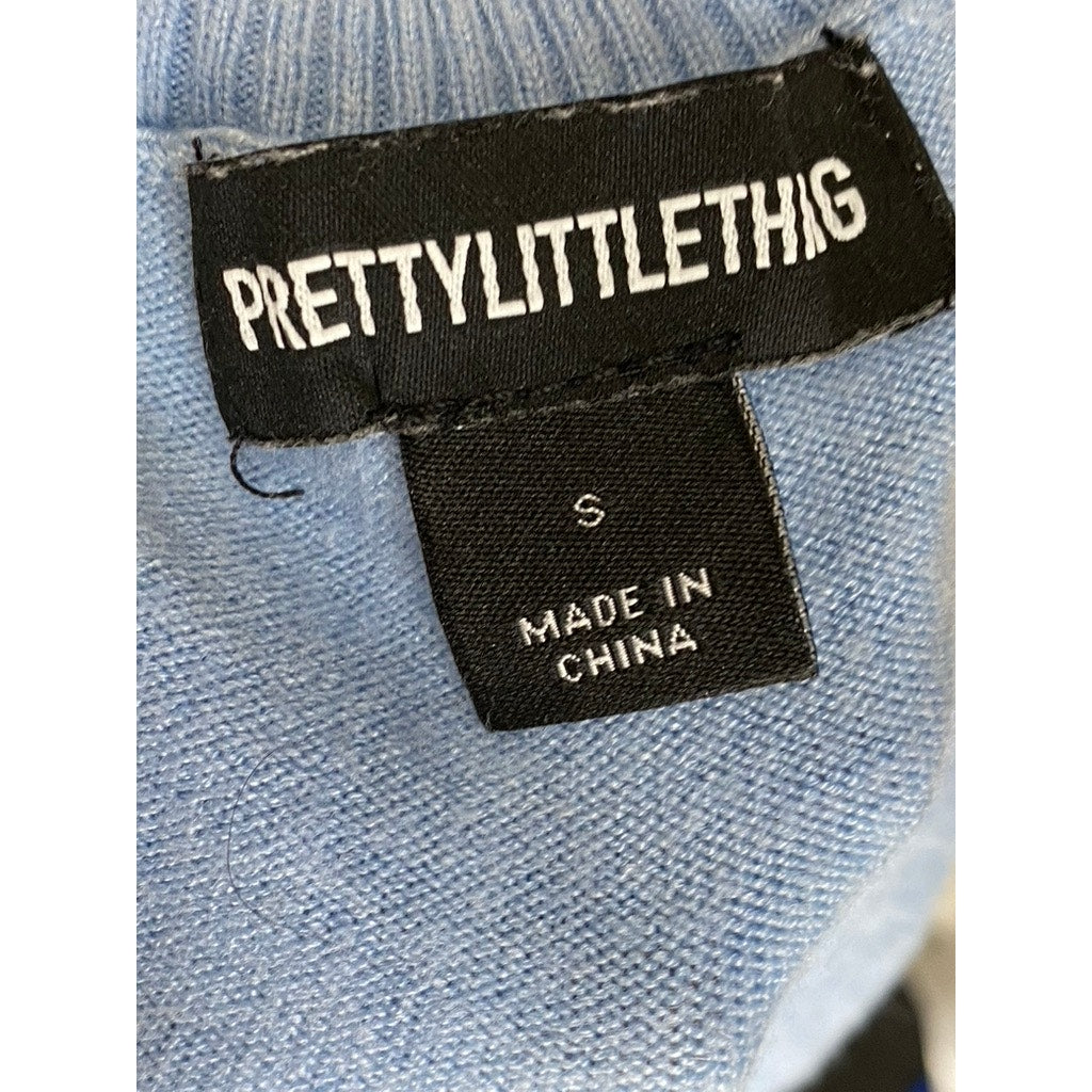 PRETTYLITTLETHING Women's Light Blue Knit Mock-Neck Cropped Sweater Top SZ S