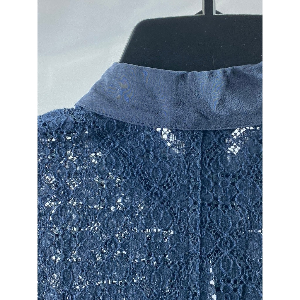CLUB MONACO Women's Navy Floral Lace Button-Up Long Sleeve Top SZ XS