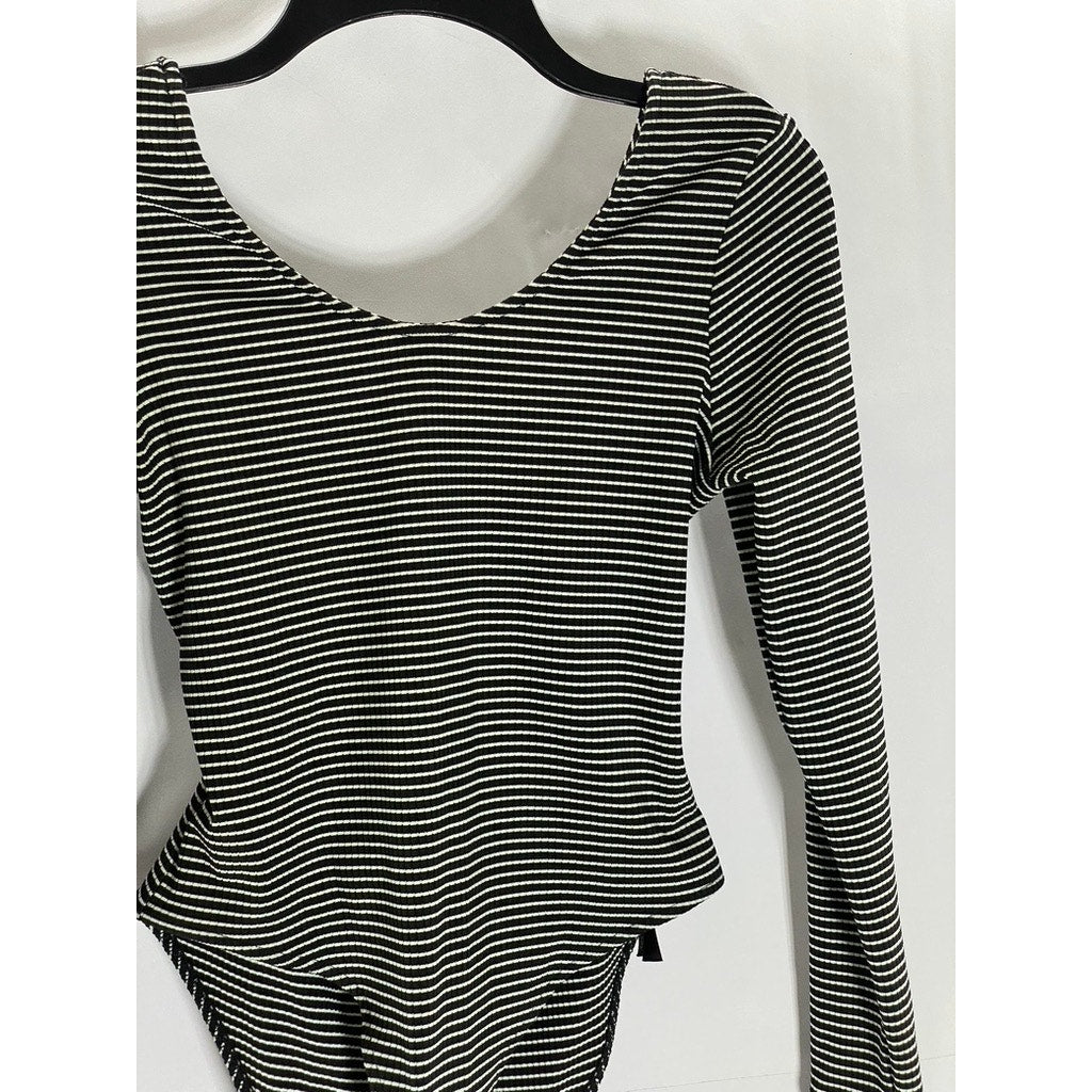 TOPSHOP Women's Black-White Striped Tie-Back Bow Long Sleeve Bodysuit SZ 8
