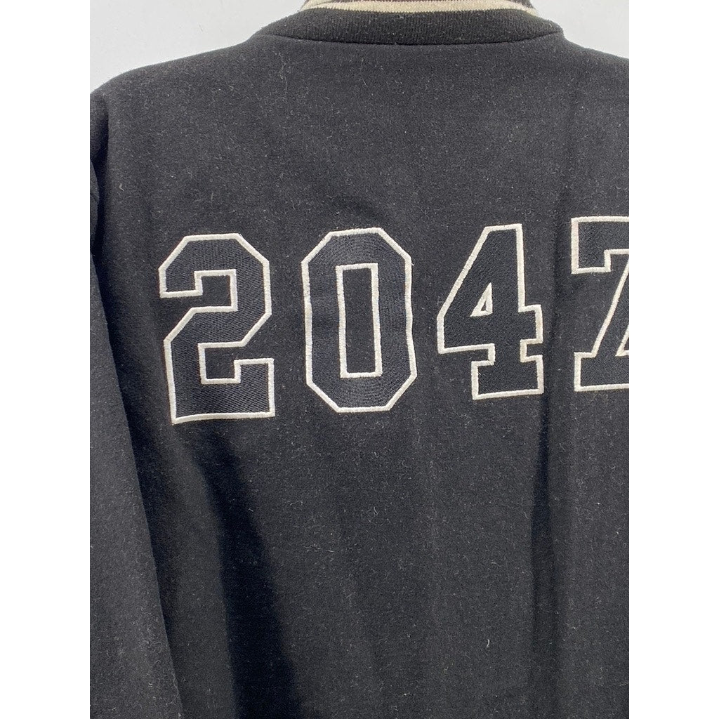 DURKL Men's Vintage Black-White Button-Up Striped-Trim Varsity Jacket SZ M