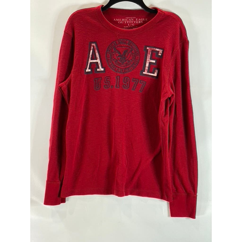 AMERICAN EAGLE OUTFITTERS Men's Red Graphic Waffle-Knit Vintage-Fit T-Shirt SZ L