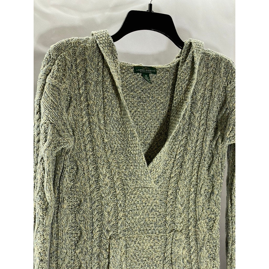 LAUREN JEANS CO. Women's Vintage Gray-Blue Cable Knit V-Neck Hooded Sweater SZXS