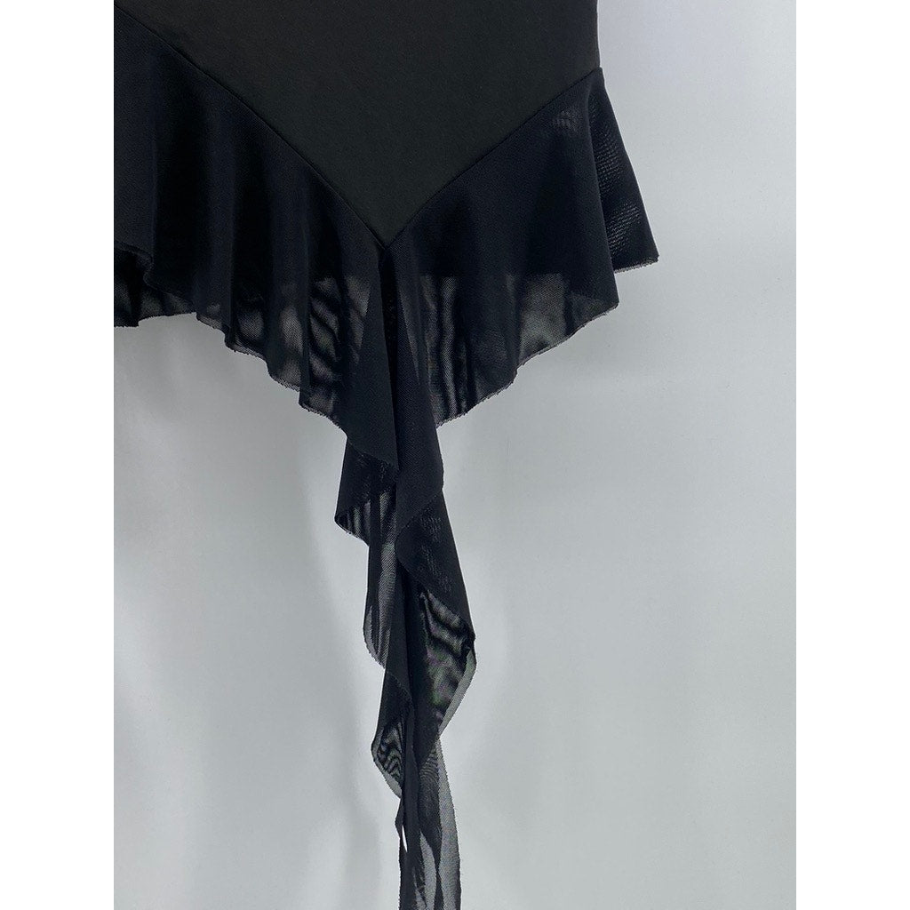 UNBRANDED Women's Black Asymmetrical Mesh Ruffle Hem Pull-On Mini Skirt SZ XS