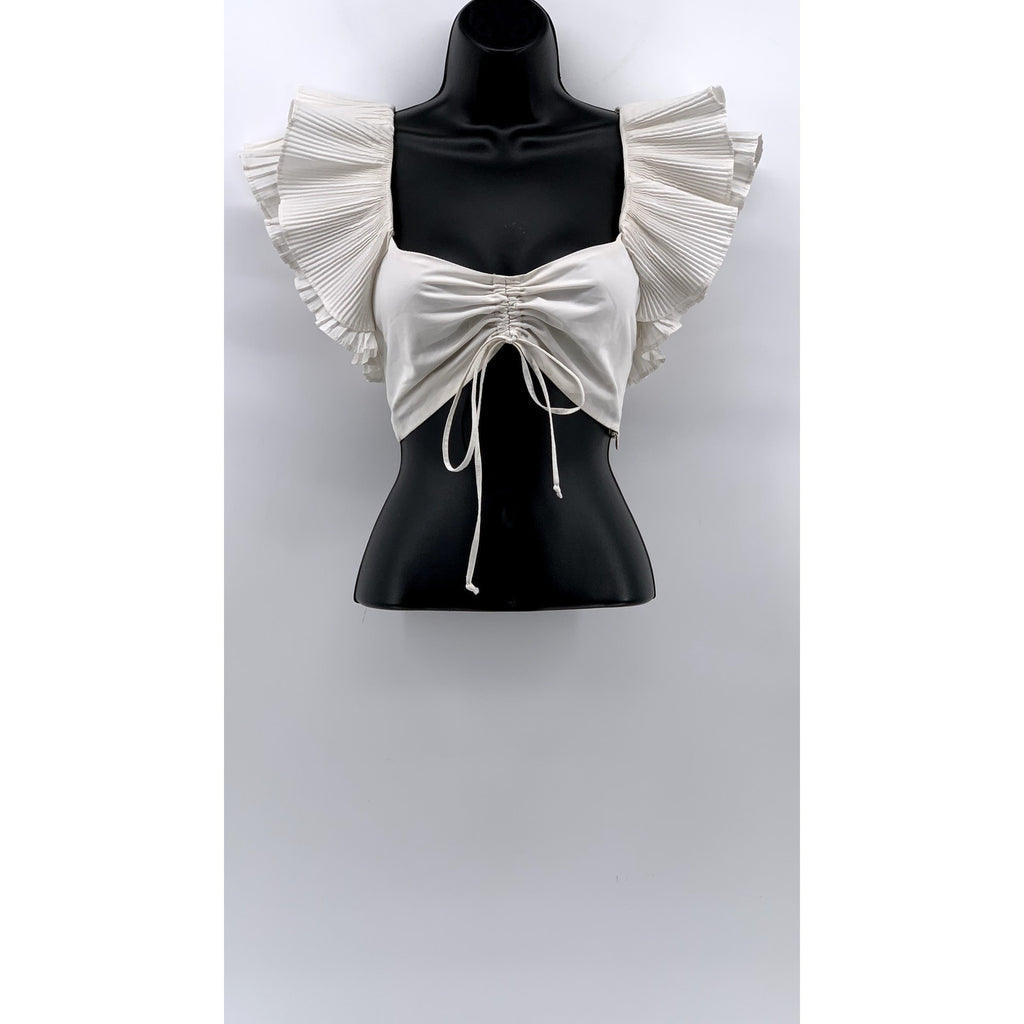 ZARA Women’s White Pleated Ruffle Sleeve Cinched Bust Cropped Top SZ S