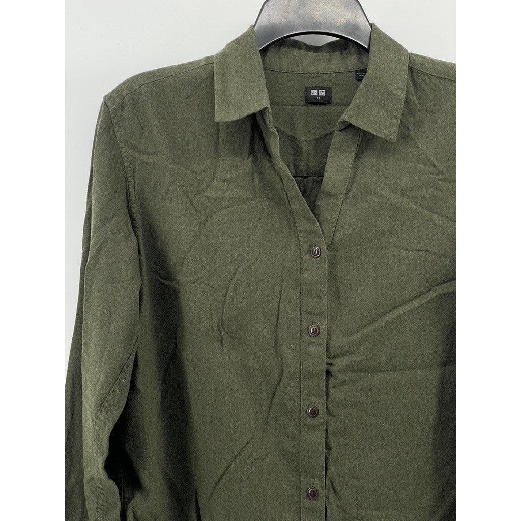 UNIQLO Women's Olive Green Soft Brushed Button-Up Long Sleeve Top SZ XS