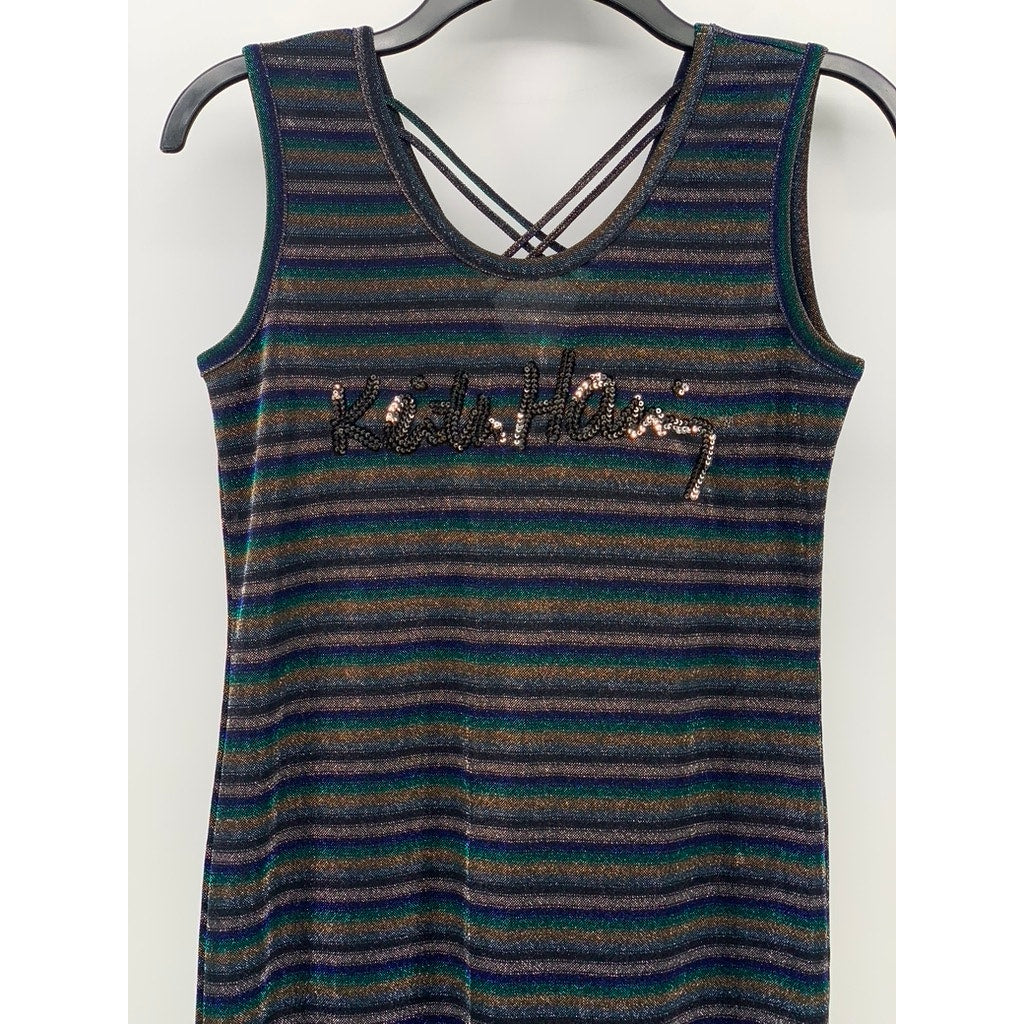 KEITH HARING By GGPX Women's Black-Multi Striped Metallic V-Neck Midi Dress SZ S