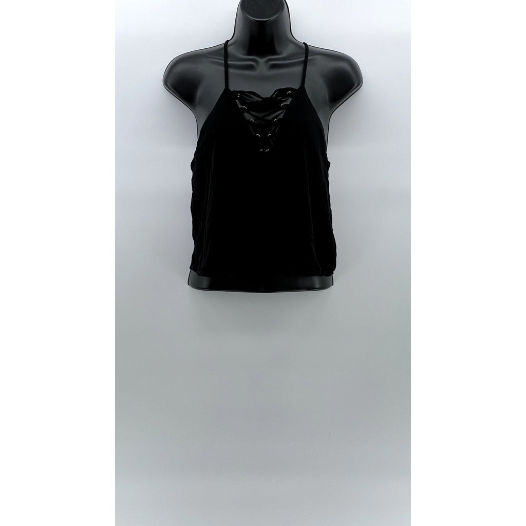 FOREVER 21 Women's Black Lace-Up V-Neck Spaghetti Strap Racerback Top SZ L
