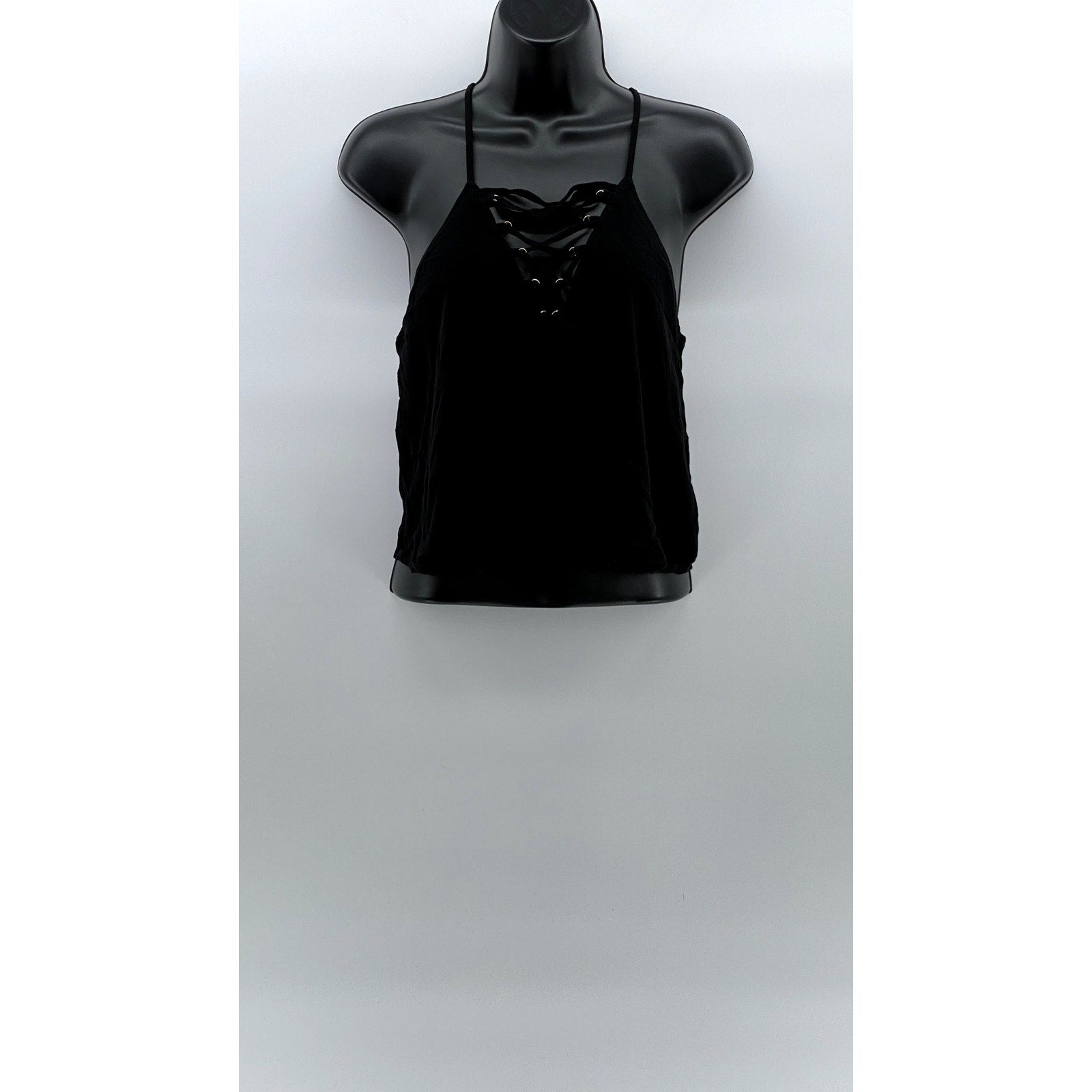 FOREVER 21 Women's Black Lace-Up V-Neck Spaghetti Strap Racerback Top SZ L