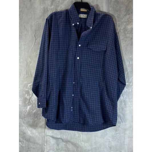 L.L. BEAN Men's Navy Mini Check Button-Up Long Sleeve Dress Shirt SZ 17.5/34