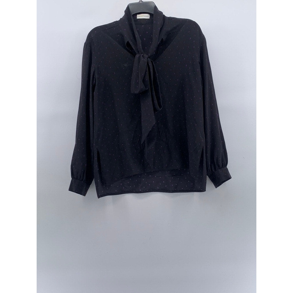 SCANLAN THEODORE Women’s Black-Purple Micro Dot Tie-Neck Long Sleeve Blouse SZ 4