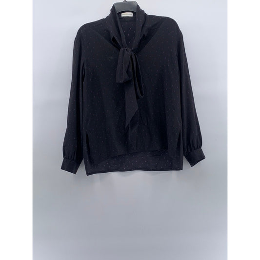 SCANLAN THEODORE Women’s Black-Purple Micro Dot Tie-Neck Long Sleeve Blouse SZ 4