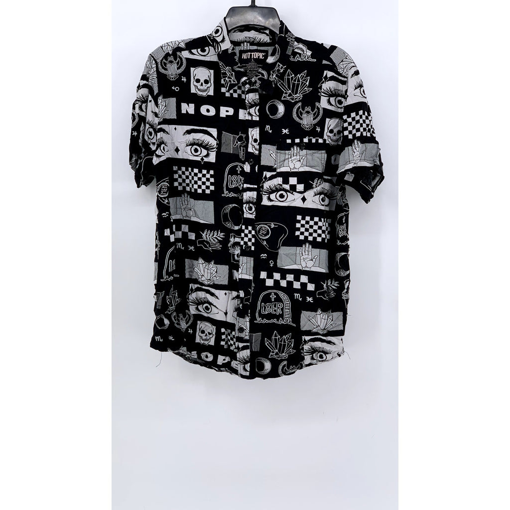 HOT TOPIC Men's Black-White Printed Nova Woven Button-Up Shirt SZ L