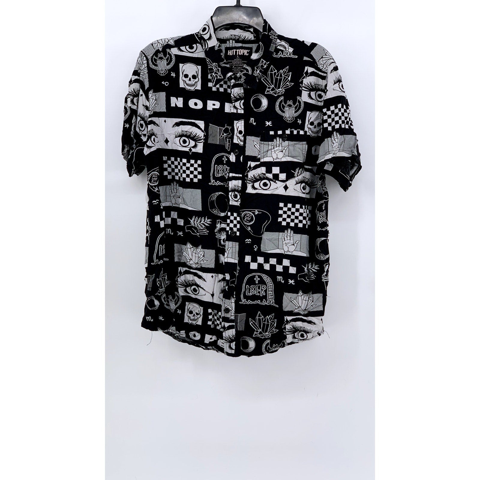 HOT TOPIC Men's Black-White Printed Nova Woven Button-Up Shirt SZ L