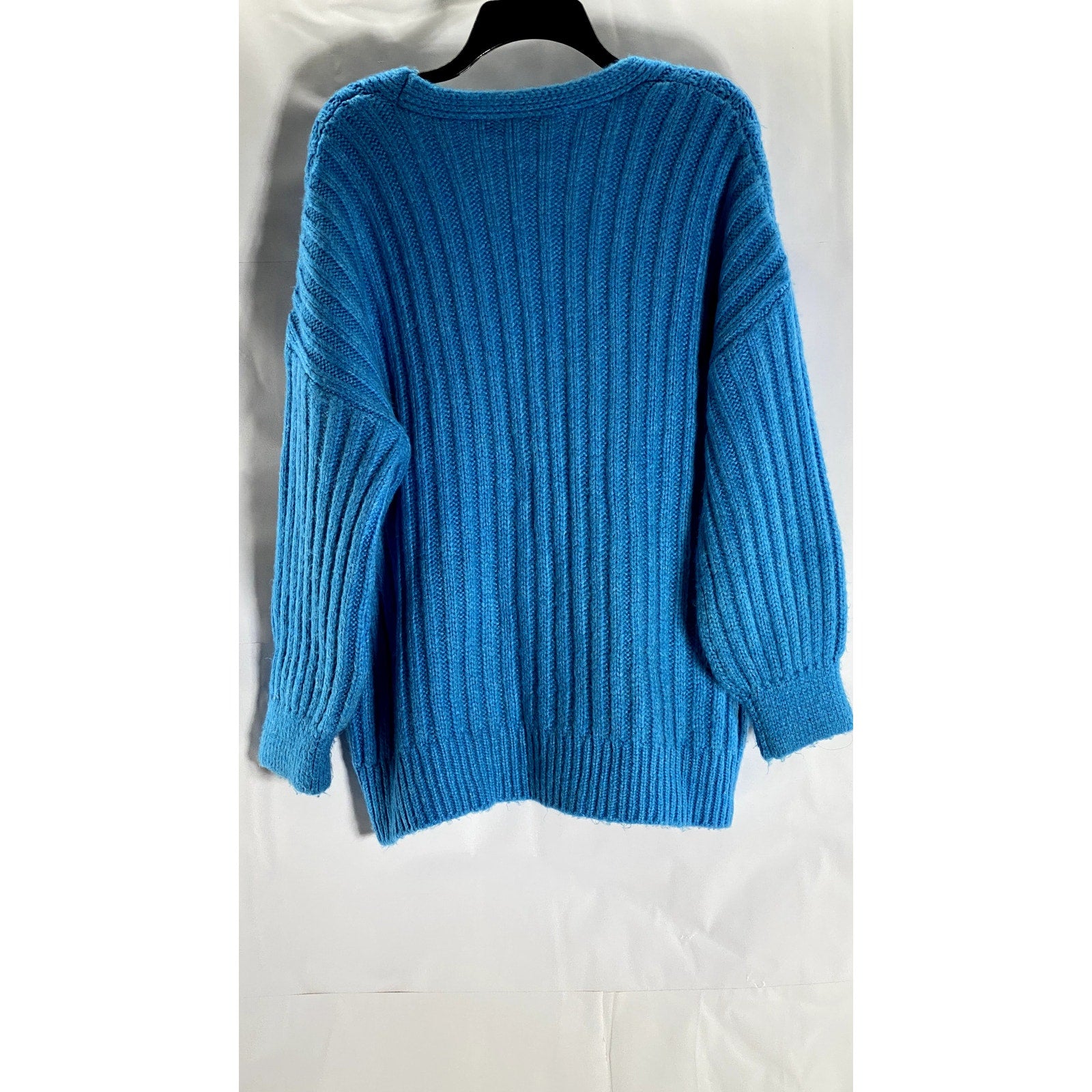 MANGO Women's Blue Ribbed V-Neck Button-Up Oversized Long Sleeve Cardigan SZ M
