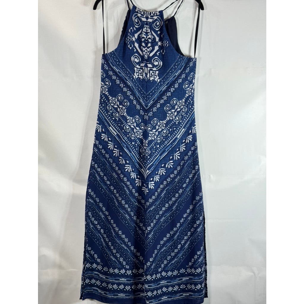 LAUNDRY BY DESIGN Women's Blue Printed Lace-Up V-Neck Pullover Maxi Dress SZ 4