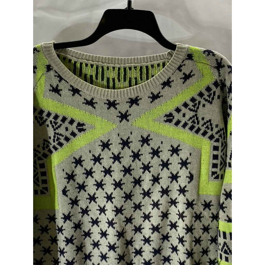 UNBRANDED Women's Gray-Neon Green Star-Print Long Sleeve Knit Sweater SZ M