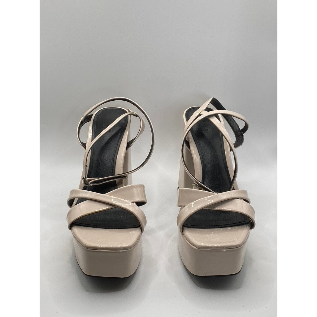 ZARA Women's Beige Patent Leather Chunky Platform Strappy Heels SZ US 7.5