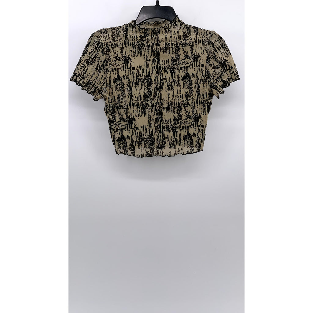 UNBRANDED Women's Black-Brown Printed Short Sleeve Mock-Neck Cropped Top SZ S