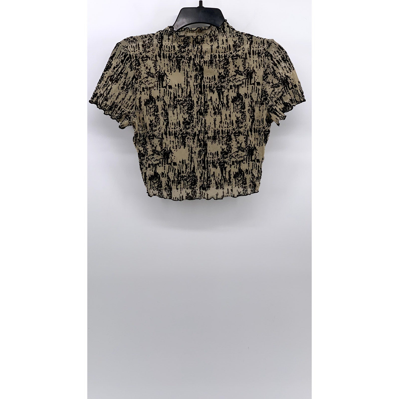 UNBRANDED Women's Black-Brown Printed Short Sleeve Mock-Neck Cropped Top SZ S