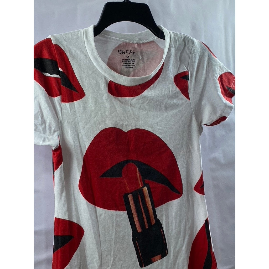 ON FIRE Women's White-Red Lips Crewneck Short Sleeve Mini T-Shirt Dress SZ M