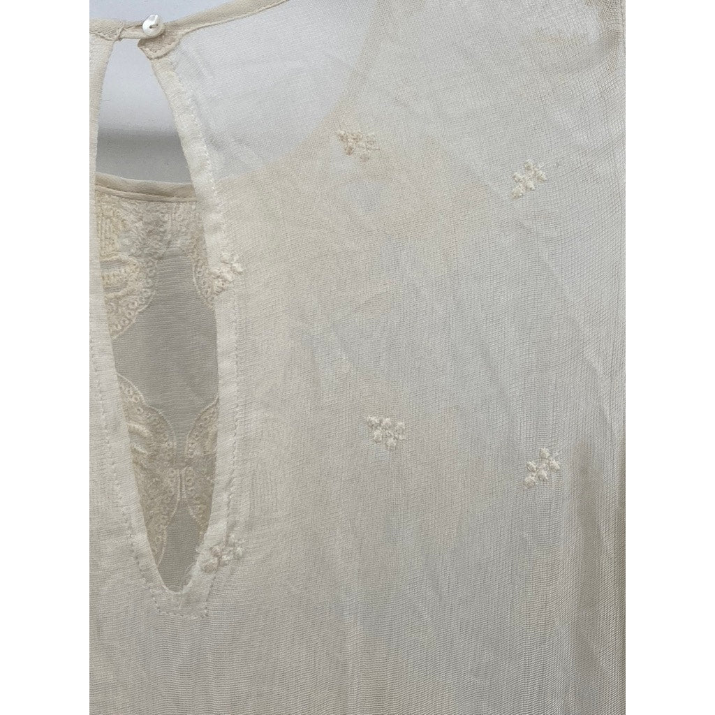 MAJE Women's Beige Floral Lace Crewneck Long Sleeve A-Line Mini Dress SZ 2