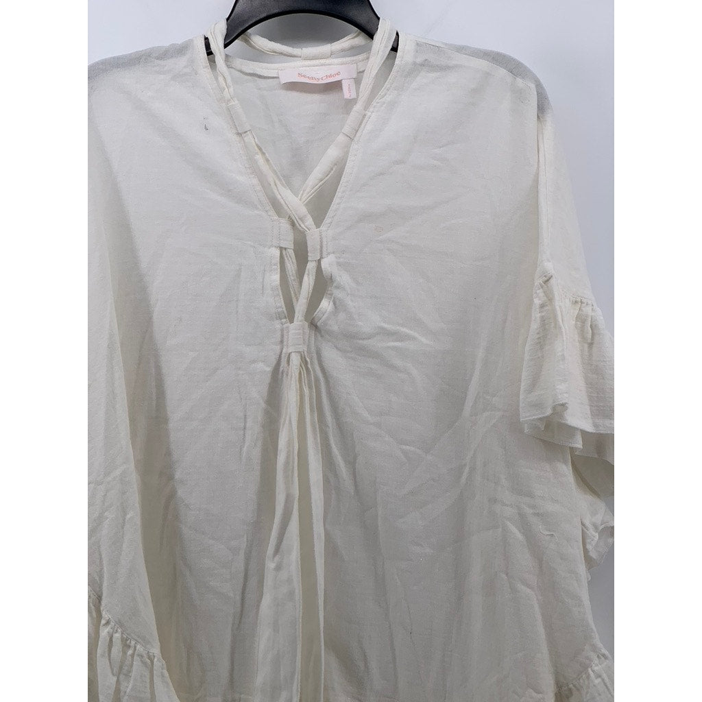 SEE BY CHLOE Women's White Cotton-Linen Ruffle-Trim Flowy Cape Style Top SZ XS