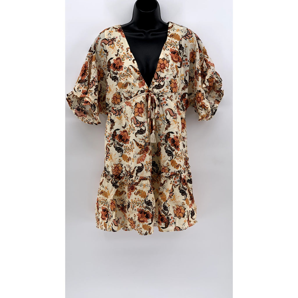 FOREVER 21 Women's Cream-Orange Floral Short Sleeve V-Neck Mini Dress SZ S